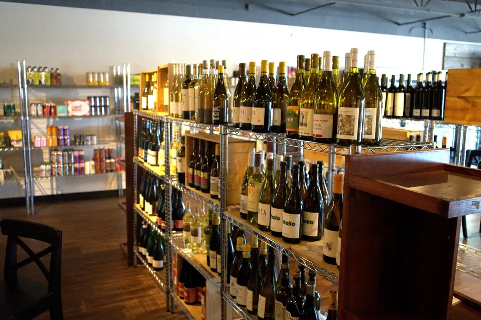 Curated wine selection on shelves